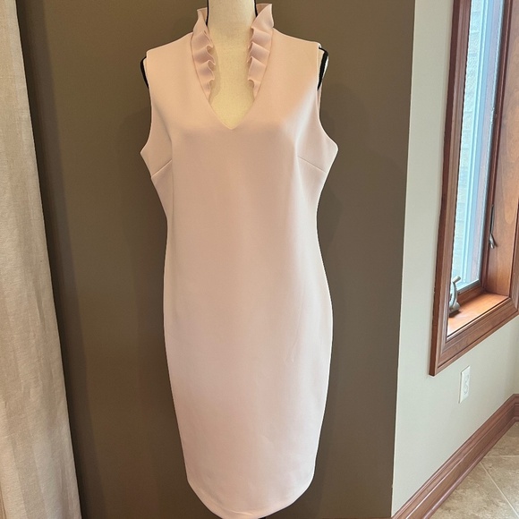 Calvin Klein Ruffle V-neck Sheath Blush Pink Dress,  Size 14 - Picture 1 of 13